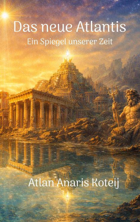 "Das neue Atlantis", "Ein Spiegel unserer Zeit", "Atlan Anaris Koteij". Illustration einer antiken Stadt mit Tempel.