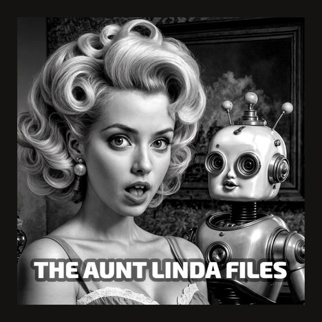 Text: "THE AUNT LINDA FILES". Eine Frau mit voluminösen Locken neben einem Spielzeug-Roboter mit großen Augen.