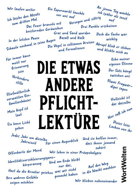 Texte wie "DIE ETWAS ANDERE PFLICHTLEKTÜRE" in Fettdruck, umgeben von blauen Sätzen, bildet ein kreisförmiges Gedicht.