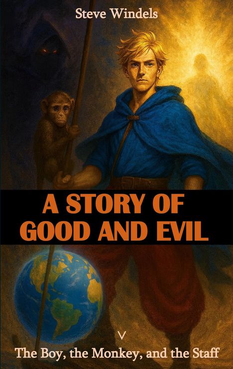 "A Story of Good and Evil" und "The Boy, the Monkey, and the Staff". Illustration: Junge in blauem Mantel mit Stab und Affe.