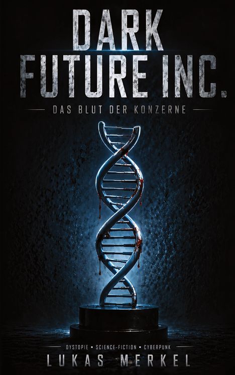 "DARK FUTURE INC. Das Blut der Konzerne, Dystopie, Science-Fiction, Cyberpunk, Lukas Merkel." DNA-Helix mit Blutspuren.