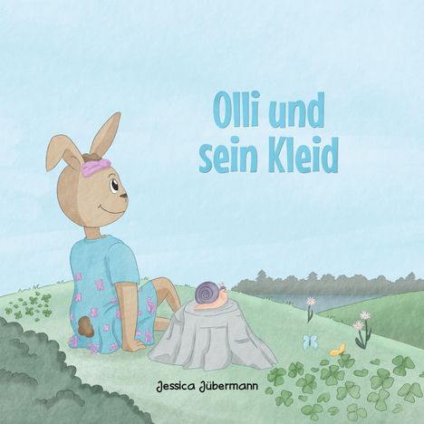 Text: "Olli und sein Kleid". 

Illustration: Ein Hase im blauen Kleid sitzt auf einer Wiese, daneben eine Schnecke auf einem Stein.