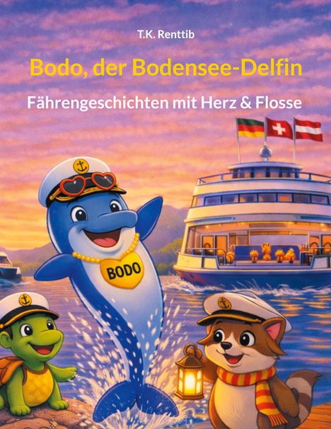 Titel: "Bodo, der Bodensee-Delfin". Untertitel: "Fährengeschichten mit Herz & Flosse". Illustration: Delfin mit Kapitänsmütze, Schildkröte und Waschbär auf einem Boot.