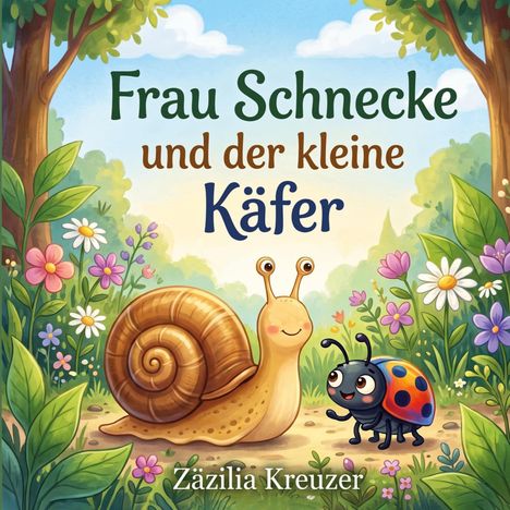 „Frau Schnecke und der kleine Käfer“ von Zäzilia Kreuzer. Eine fröhliche Schnecke und ein bunter Käfer in einer blühenden Landschaft.