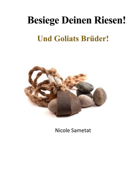 "Besiege Deinen Riesen! Und Goliats Brüder!" - Nicole Sametat. Eine Schleuder liegt mit Steinen auf hellem Hintergrund.