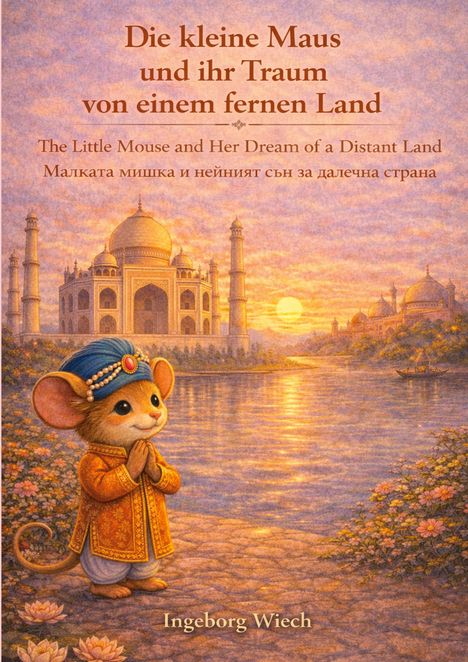 Titel: "Die kleine Maus und ihr Traum von einem fernen Land". Illustriert ist eine Maus in traditioneller Kleidung vor einem Sonnenuntergang am Fluss mit Taj Mahal im Hintergrund.