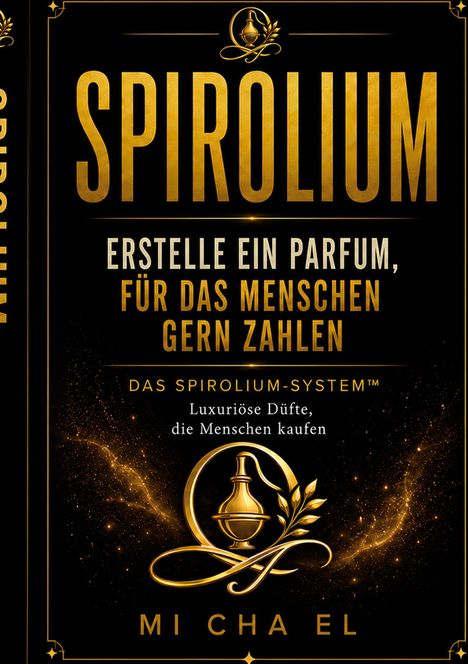 Der Text beschreibt die Entstehung luxuriöser Düfte. Goldene Schrift auf schwarzem Hintergrund, mit einem eleganten Logo.