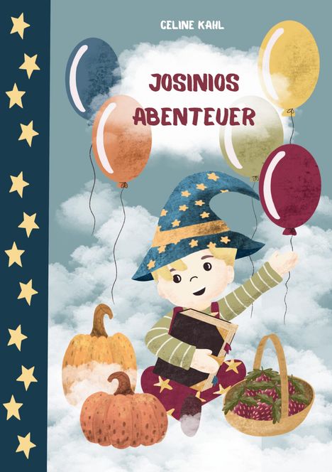 JOSINIOS ABENTEUER. Ein Kind in Zauberkleidung mit Ballons und Kürbissen.