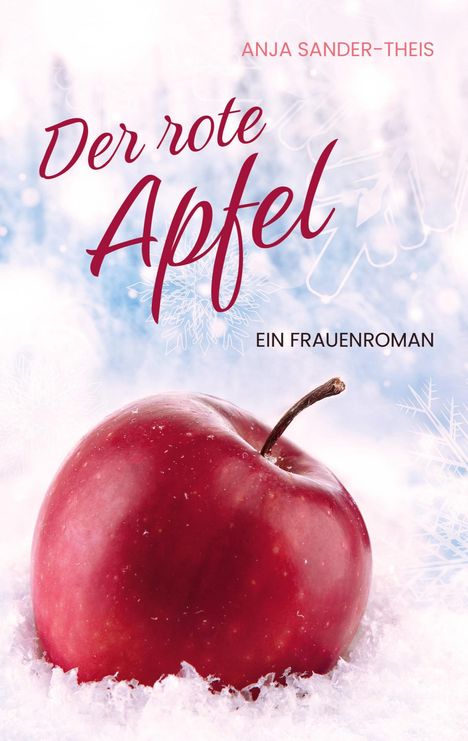 Titel: "Der rote Apfel", ein Frauenroman von Anja Sander-Theis. Ein roter Apfel liegt im Schnee, umgeben von Frostmustern.