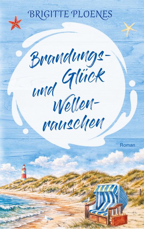 "Brandungs-Glück und Wellenrauschen" steht auf einer blauen, wellenförmigen Illustration mit Strand, Dünen und Leuchtturm.