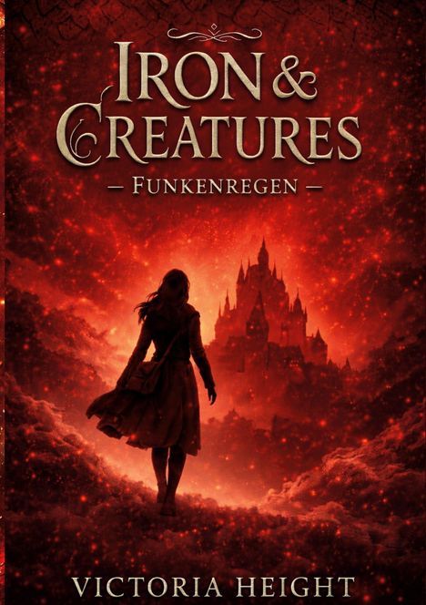 „IRON & CREATURES – FUNKENREGEN“ steht über einer roten, funkelnden Szene mit Burg und einer Person im Vordergrund; Autorin: Victoria Height.