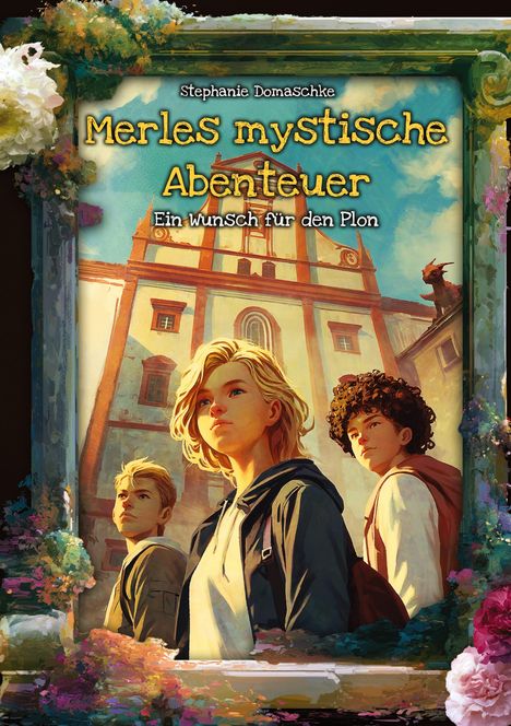 Titel: "Merles mystische Abenteuer: Ein Wunsch für den Plon" von Stephanie Domaschke. Drei junge Personen stehen vor einem alten Gebäude, mit Blumen umrahmt.