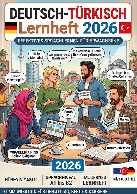Ein Lernheft für Deutsch-Türkisch mit Dialogen, Büchern und Figuren in einer Café-Szene. Thema: Sprachlernen 2026.