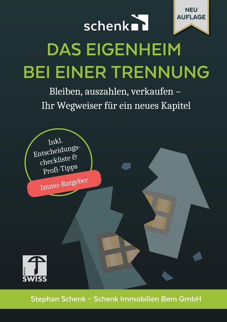 DAS EIGENHEIM BEI EINER TRENNUNG. Illustration von gesprengten Häusern und einem Logo oben.
