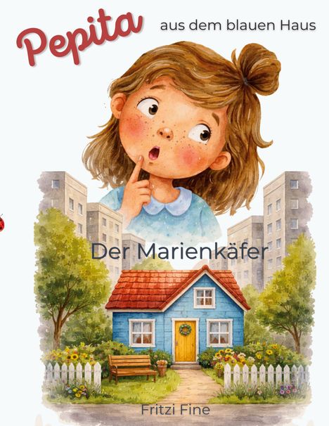 "Pepita aus dem blauen Haus – Der Marienkäfer – Fritzi Fine." Illustration: Ein Mädchen denkt nach, vor einem blauen Haus.