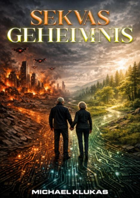 „SEKVAS GEHEIMNIS“ und „MICHAEL KLUKAS“; ein Paar vor brennender Stadt und leuchtendem Wald, Weg sieht wie Schaltkreis aus.
