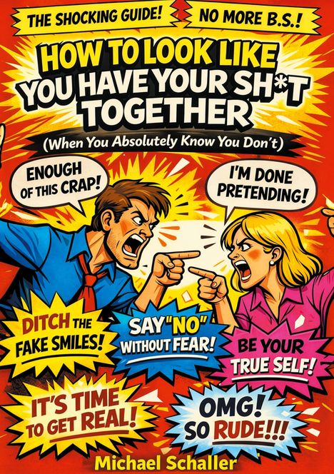 "HOW TO LOOK LIKE YOU HAVE YOUR SH*T TOGETHER" steht im Zentrum. Illustration zeigt zwei streitende Personen.