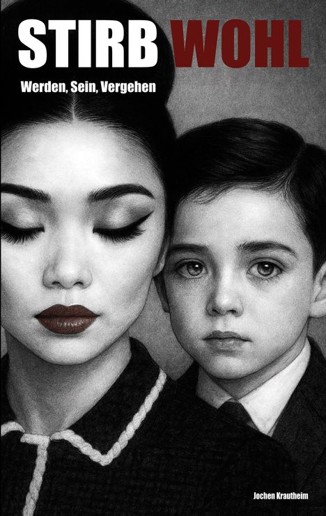 "STIRB WOHL. Werden, Sein, Vergehen. Jochen Krautheim." Schwarz-weiß Illustration: Frau mit geschlossenen Augen und Junge.