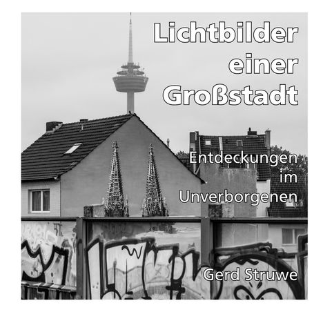 Text: "Lichtbilder einer Großstadt. Entdeckungen im Unverborgenen. Gerd Struwe." Schwarz-weiß Ansicht: Häuser, Turm, Graffiti.