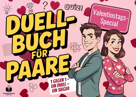 "Duell-Buch für Paare", "Quiz!", "Valentinstags-Special", "1 gegen 1 - Ein Duell - Ein Sieger"; Cartoon-Paar mit Herzhintergrund.