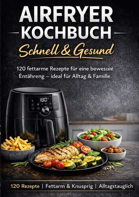 "Airfryer Kochbuch: Schnell & Gesund. 120 fettarme Rezepte für Alltag & Familie. Bild mit Airfryer und gesunden Speisen."