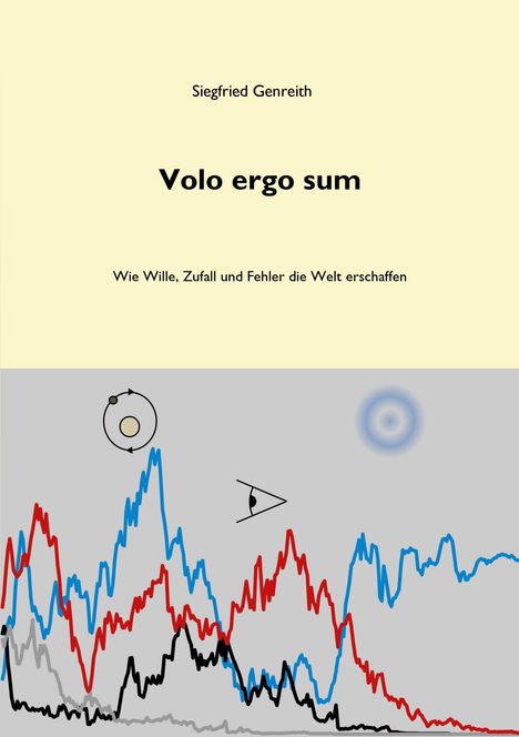 Text: "Siegfried Genreith, Volo ergo sum, Wie Wille, Zufall und Fehler die Welt erschaffen." Grafiken mit Diagrammlinien.
