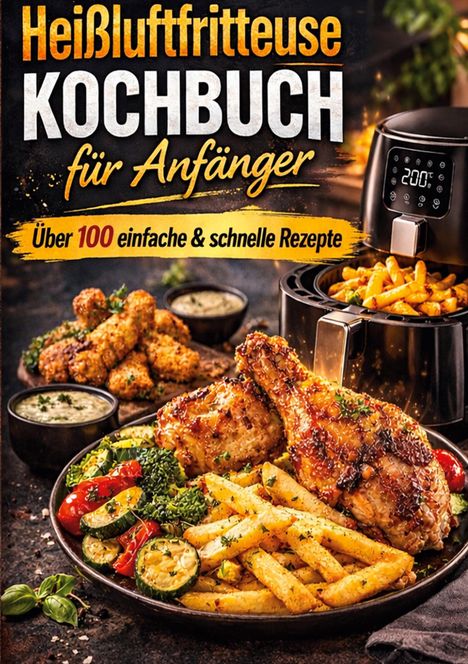 "Heißluftfritteuse Kochbuch für Anfänger. Über 100 einfache & schnelle Rezepte." Teller mit Pommes, Gemüse und Hähnchen.