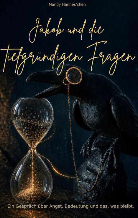„Jakob und die Tiefgründigen Fragen“; „Ein Gespräch über Angst, Bedeutung und das, was bleibt.“ Rabe mit Sanduhr.