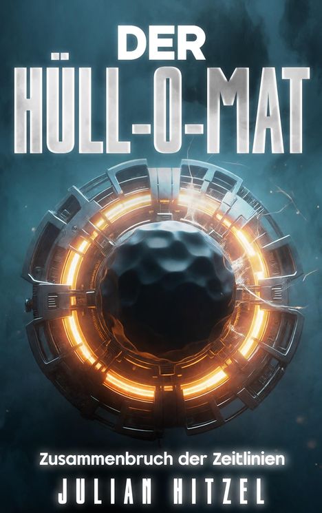 "DER HÜLL-O-MAT", "Zusammenbruch der Zeitlinien", "Julian Hitzel". Eine metallische Kugel umgeben von einem leuchtenden Ring.