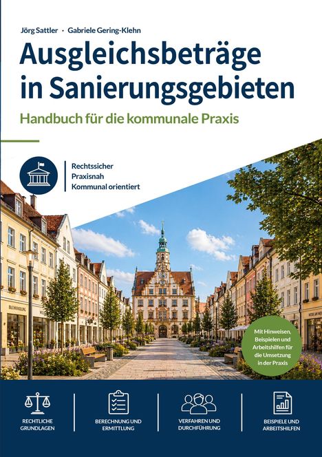 „Ausgleichsbeträge in Sanierungsgebieten“ Handbuch für kommunale Praxis, Gebäude und Symbole illustrieren Konzepte.