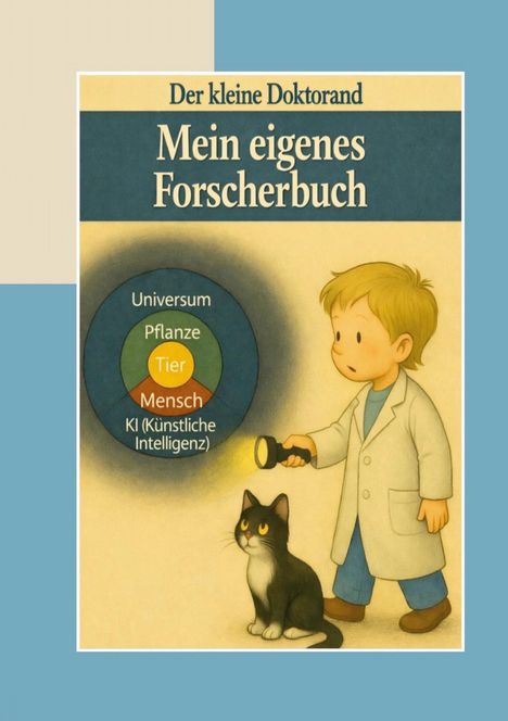 Text: "Der kleine Doktorand. Mein eigenes Forscherbuch." Illustration eines Kindes im Laborkittel mit einer Katze und Taschenlampe.