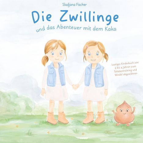 Titel: "Die Zwillinge und das Abenteuer mit dem Kaka". Zwei Kinder und eine lächelnde, braune Kreatur auf einer Wiese.