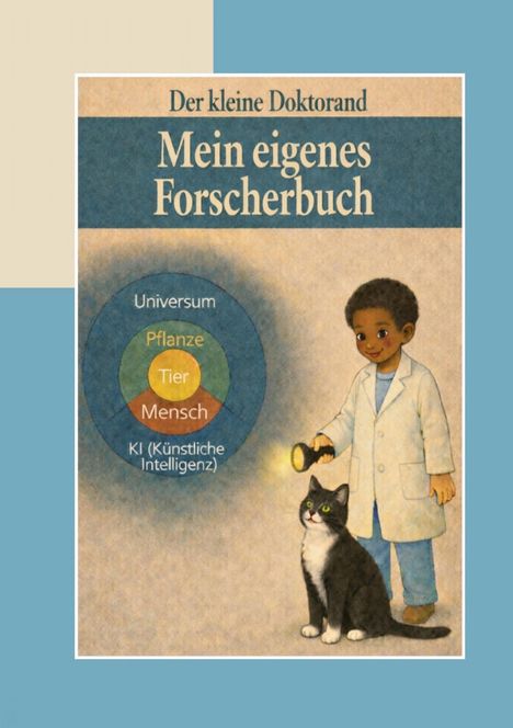 Eine Illustration zeigt „Der kleine Doktorand: Mein eigenes Forscherbuch“. Ein Kind im Kittel mit Katze, hält eine Taschenlampe.