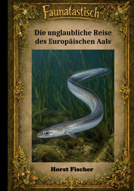 "Faunatastisch - Die unglaubliche Reise des Europäischen Aals" von Horst Fischer. Illustration: Aal im Wasser, goldener Rahmen.