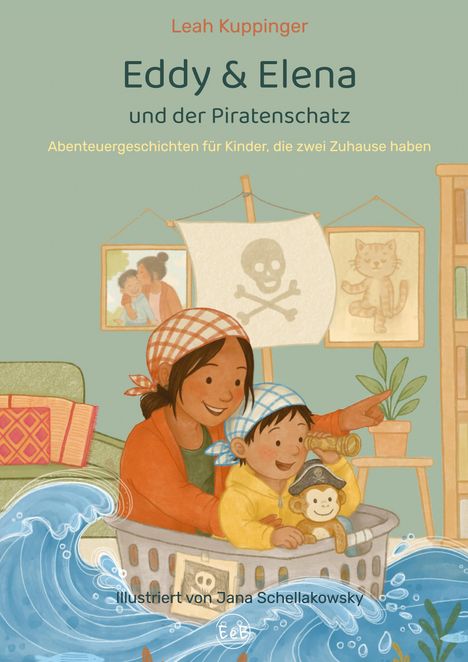 Titel: Eddy & Elena und der Piratenschatz. Zwei Kinder im Spiel als Piraten, mit Kopftüchern, Fernrohr und Piratenschiff.