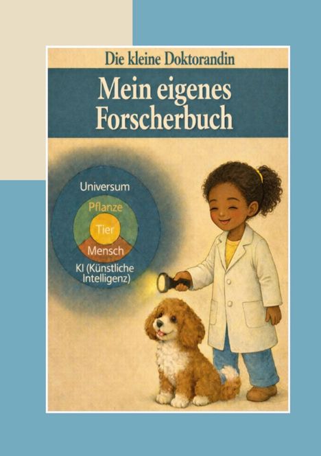 "Die kleine Doktorandin. Mein eigenes Forscherbuch. Kind mit Taschenlampe, Hund, Diagramm mit Naturthemen. Illustration."