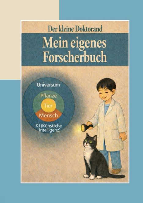 „Der kleine Doktorand: Mein eigenes Forscherbuch“. Ein Junge in Laborkittel leuchtet mit einer Taschenlampe eine Katze an.