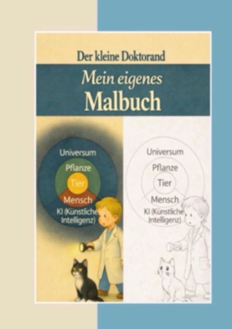Text "Der kleine Doktorand", "Mein eigenes Malbuch". Illustration: Kind mit Kittel, Taschenlampe, Katze, und Diagramm.