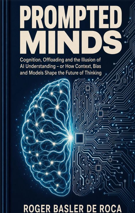 "PROMPTED MINDS" oben, darunter Untertitel. Unten Name des Autors. Abbildung: links Gehirn, rechts Schaltkreis.