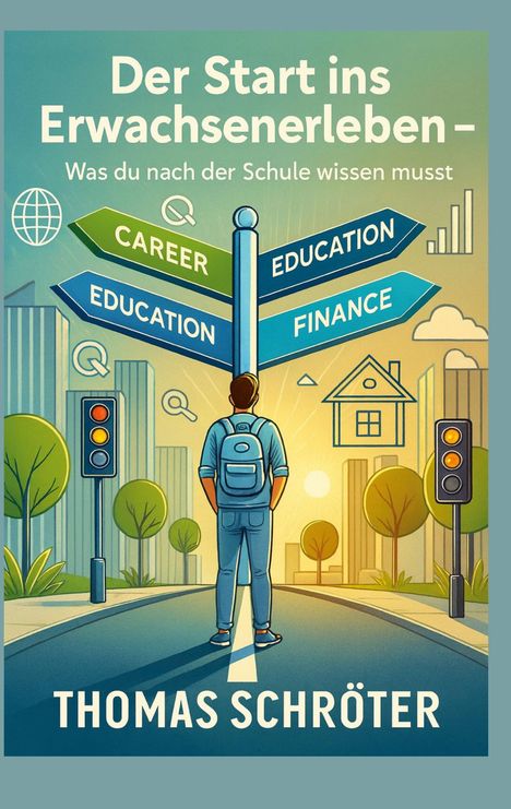 "Der Start ins Erwachsenenleben – Was du nach der Schule wissen musst" von Thomas Schröter. Eine Illustration zeigt einen jungen Mann vor Wegweisern mit Aufschriften wie Karriere und Bildung.