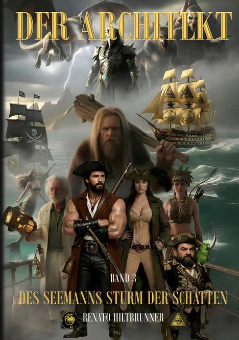 "DER ARCHITEKT", "Band 3", "DES SEEMANNS STURM DER SCHATTEN", "RENATO HILTBRUNNER". Illustration: Piraten, Schiffe, Drachen.