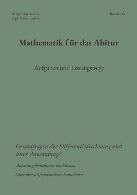 Text: "Mathematik für das Abitur", "Aufgaben und Lösungswege", "Werner Domaratius", "Booklet 14". Grüner Hintergrund.