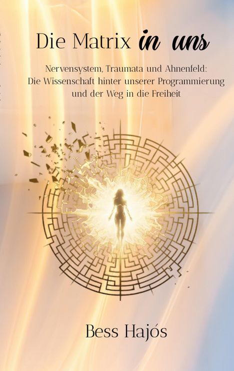 „Die Matrix in uns“ von Bess Hajós. Eine Silhouette vor einem strahlenden Labyrinth mit orange-goldener Aura.