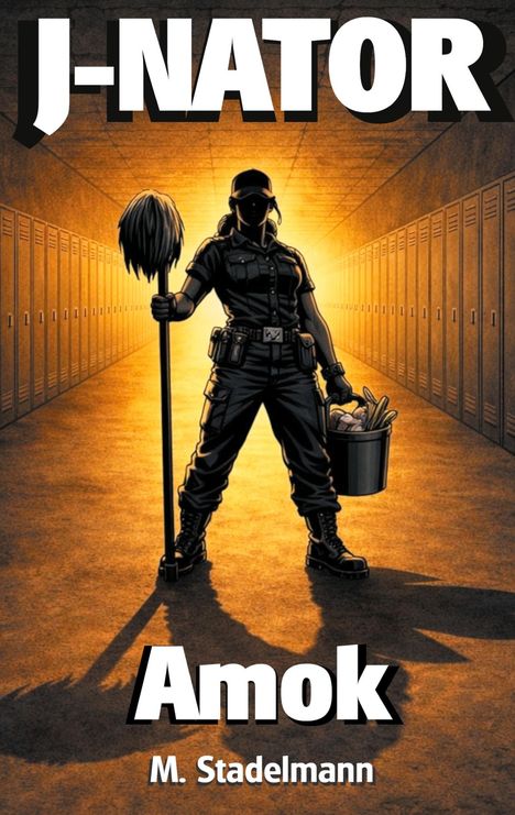 "J-NATOR Amok M. Stadelmann": Eine Gestalt steht in einem Korridor, hält einen Wischmopp und einen Eimer bei Sonnenuntergang.
