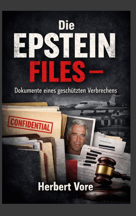 Text: Die Epstein Files – Dokumente eines geschützten Verbrechens. Ordner, Foto eines Mannes, Richterhammer, Flugzeug.
