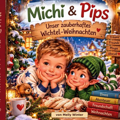 "Michi & Pips: Unser zauberhaftes Wichtel-Weihnachten" zeigt zwei fröhliche Kinder neben einem Weihnachtsbaum und Geschenken.