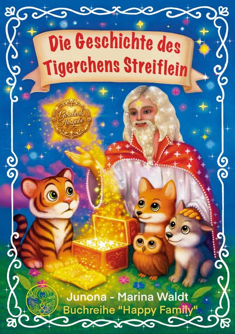 „Die Geschichte des Tigerchens Streiflein“ oben, mit Tieren, einer lächelnden Person, einem Schatz und Sternen verziert.