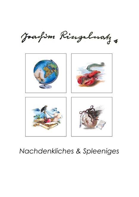 Text: "Nachdenkliches & Spleeniges". Oben handschriftlich: "Joachim Ringelnatz". Vier Illustrationen: Globus, Hummer, Bücher.