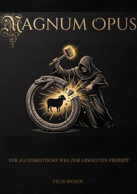 „MAGNUM OPUS“ oben; „Der alchemistische Weg zur absoluten Freiheit“ darunter. Ein Mönch zerschmettert Ouroboros.