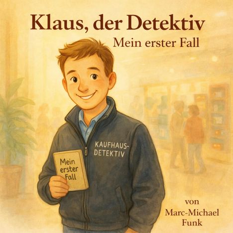 „Klaus, der Detektiv: Mein erster Fall“. Ein Junge lächelt, trägt eine Jacke mit „Kaufhaus-Detektiv“ und hält ein Buch.
